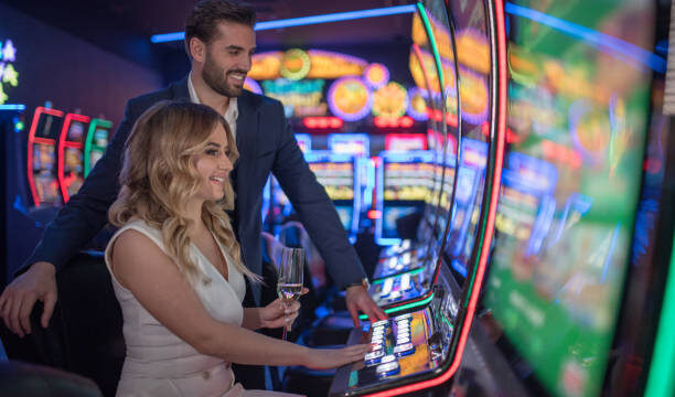 handsome couple having fun and drinking wine at casino