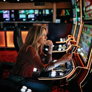 Women gambling on slot machinery